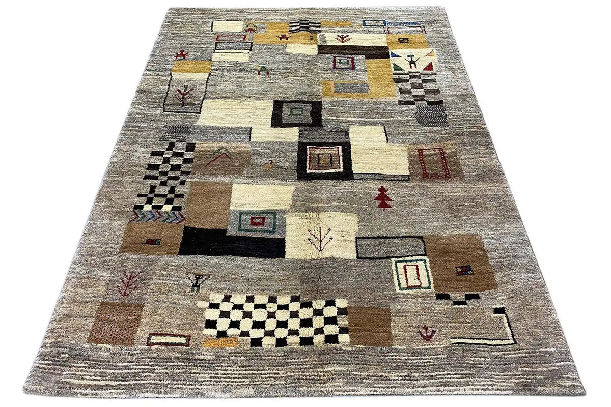 Gabbeh rug 204x153 cm with a geometric patchwork pattern of shapes and squares