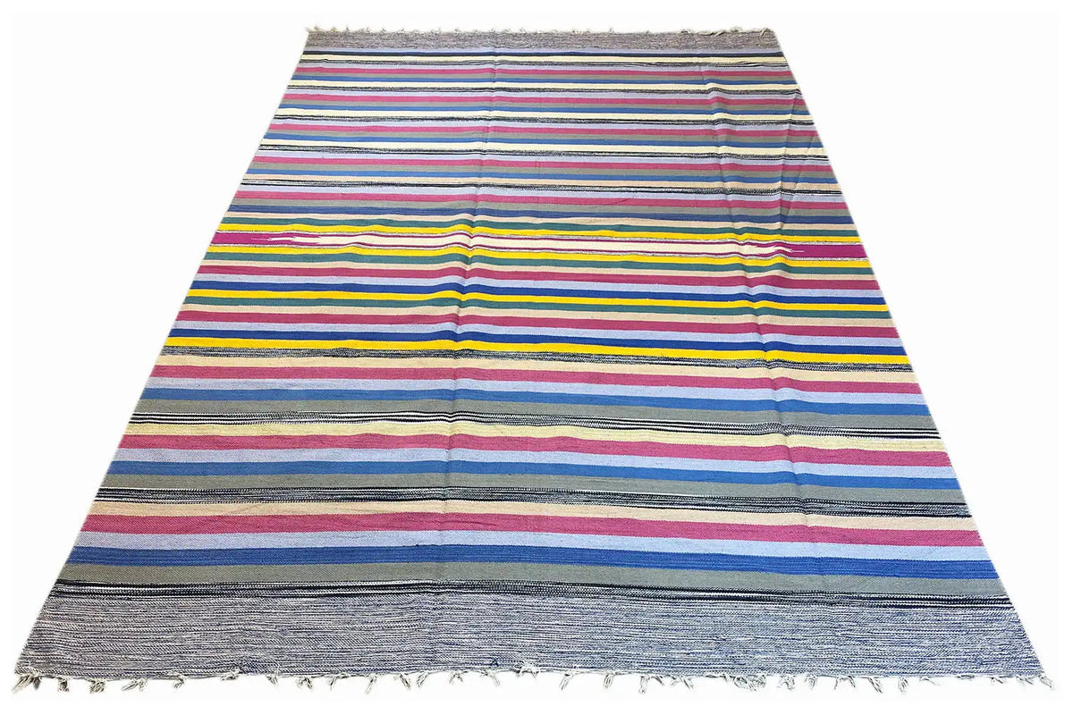 Kelim dhurrie rug with a striped design in blue, pink, yellow, and gray, fringes