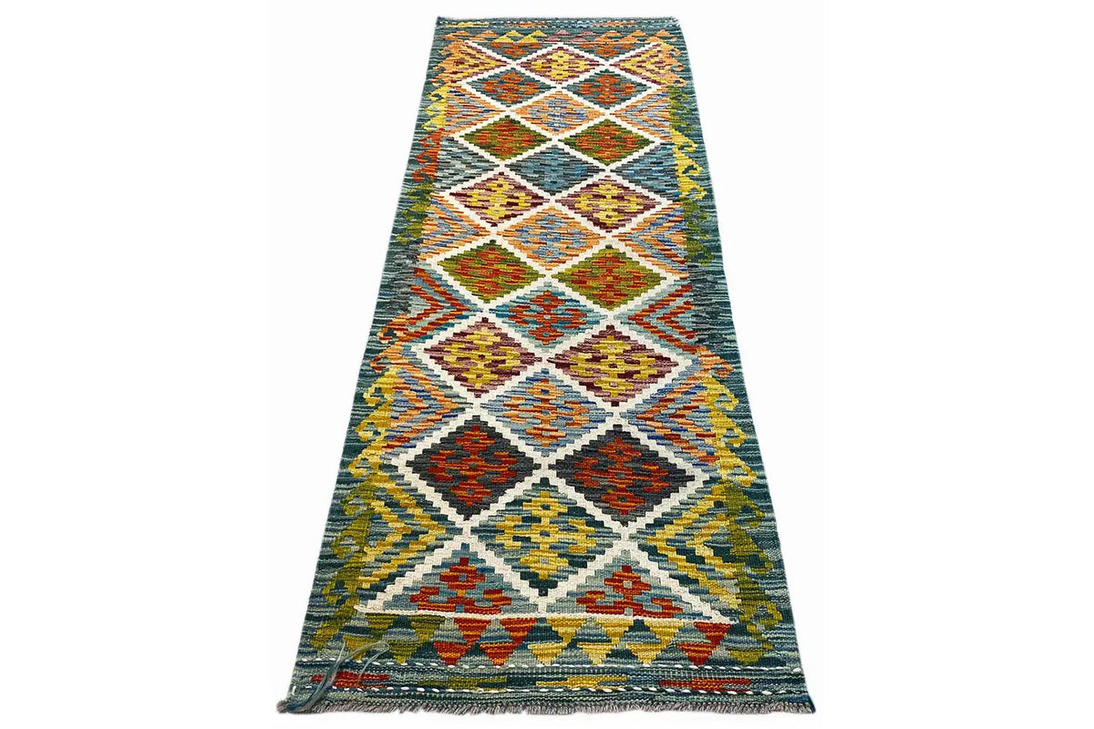Afghan kilim runner with a broad diamond design and border, multicolored