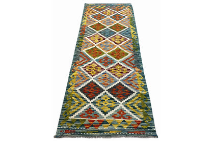 Afghan kilim runner with a broad diamond design and border, multicolored