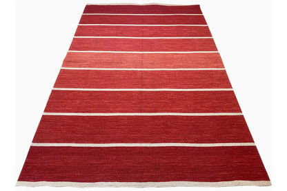 Kilim rug, red with light horizontal lines, rectangular