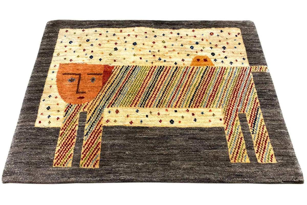 Gabbeh Lori rug (100 x 66 cm), rectangular, dark border, warm color pattern in the center