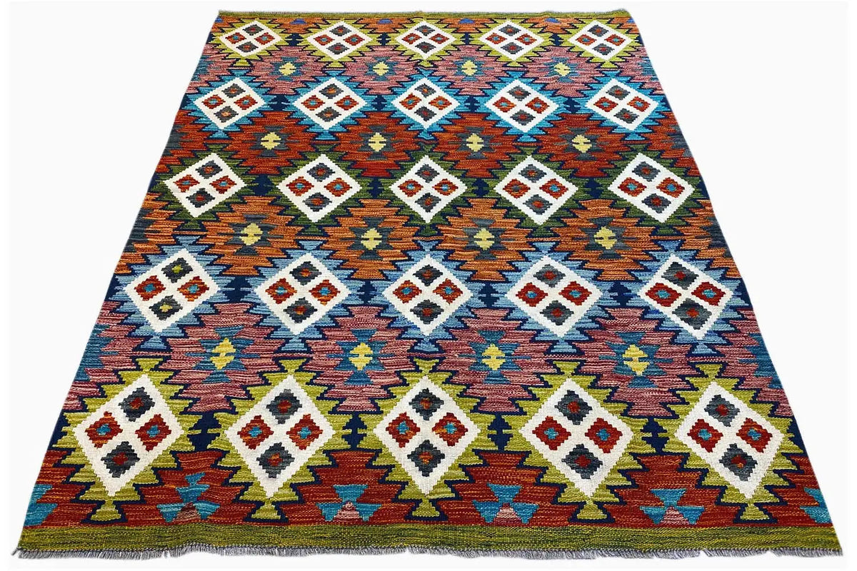 Kilim Afghan rug, draped into a triangle, with geometric diamonds in multiple colors