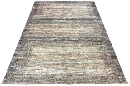 Gabbeh Lori rug with wide horizontal stripes in gray and beige, laid flat