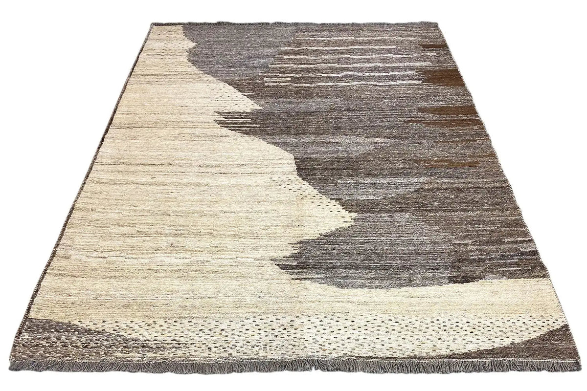 Kelim Qashqai rug with beige and gray striped sections and short fringes