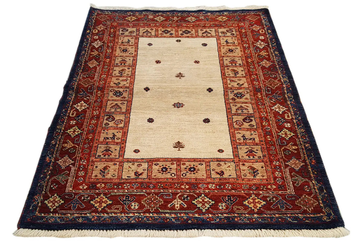 Rug with a rectangular base pattern, light beige center, and red-and-blue border