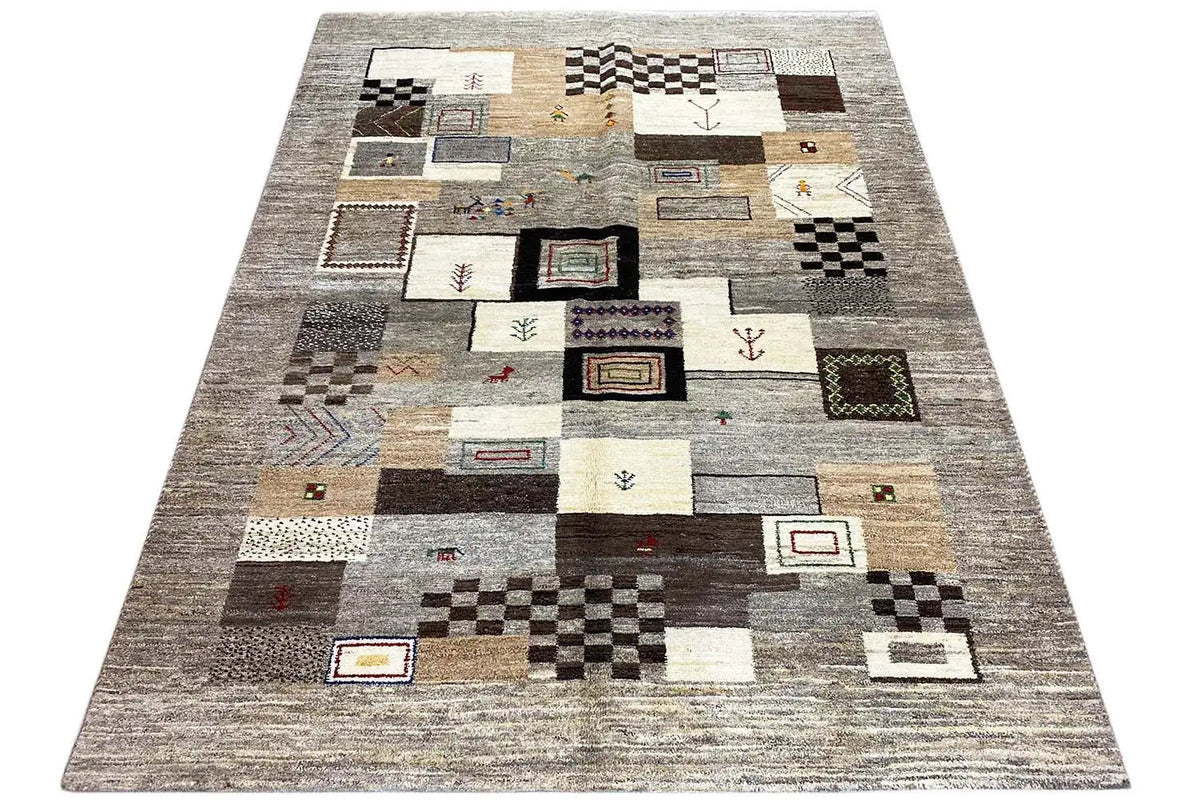 Gabbeh rug, rectangular, gray patchwork with checkerboard and rectangular elements