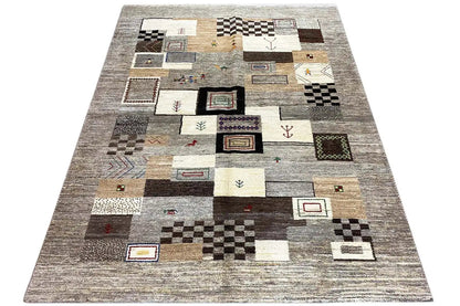 Gabbeh rug, rectangular, gray patchwork with checkerboard and rectangular elements