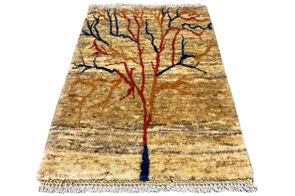 Gabbeh Lori rug (86x61 cm) with a tree motif in blue/red on a beige background, fringes.