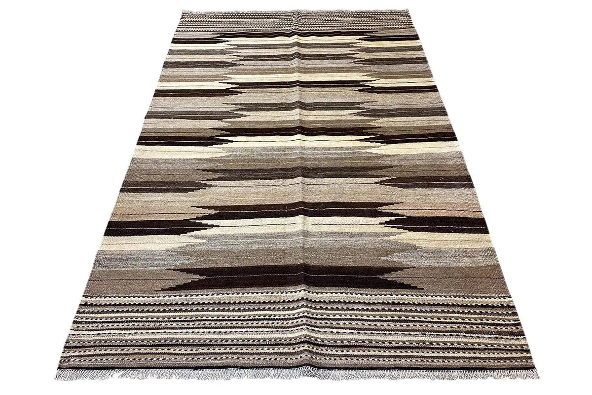 Kilim Qashqai rug with striped bands in brown, beige, and gray