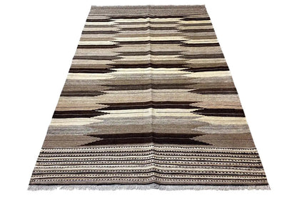 Kilim Qashqai rug with striped bands in brown, beige, and gray