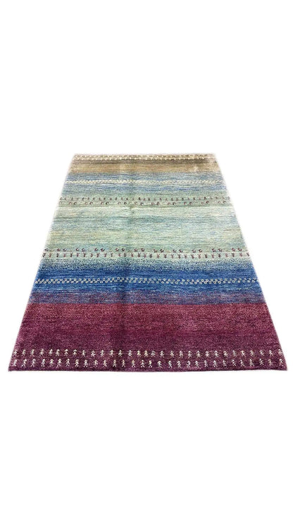 Gabbeh rug 200x148 cm, lying flat: stripes in beige, blue and burgundy
