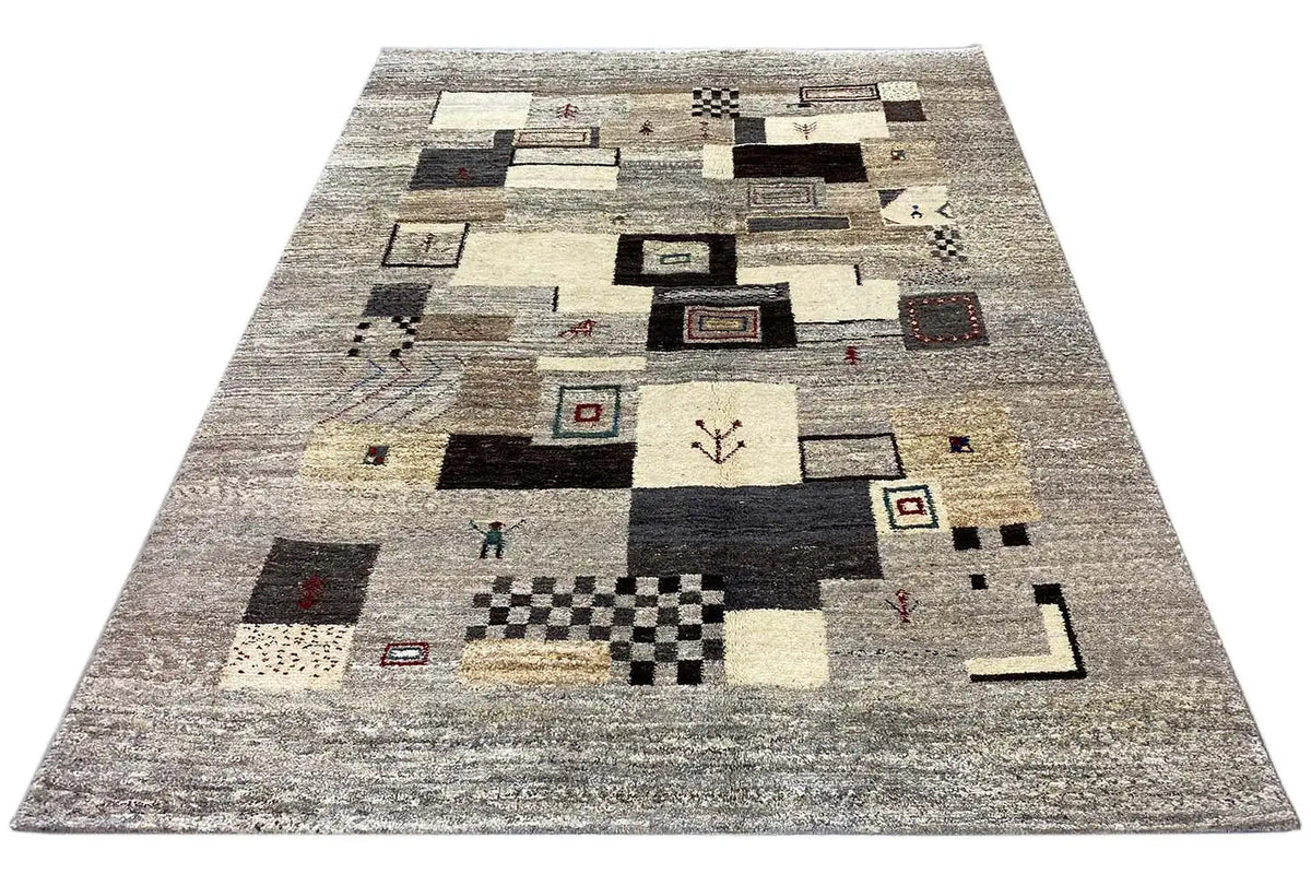 Gabbeh rug 198x148 cm, light gray with dark squares and multicolored accents