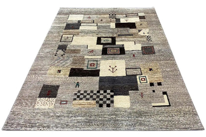 Gabbeh rug 198x148 cm, light gray with dark squares and multicolored accents