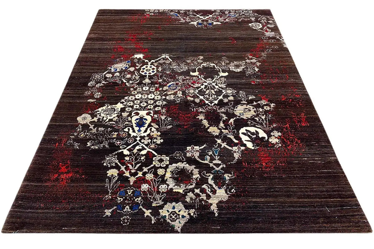 Gabbeh rug 197×152 cm in triangular perspective, dark brown with red and white details