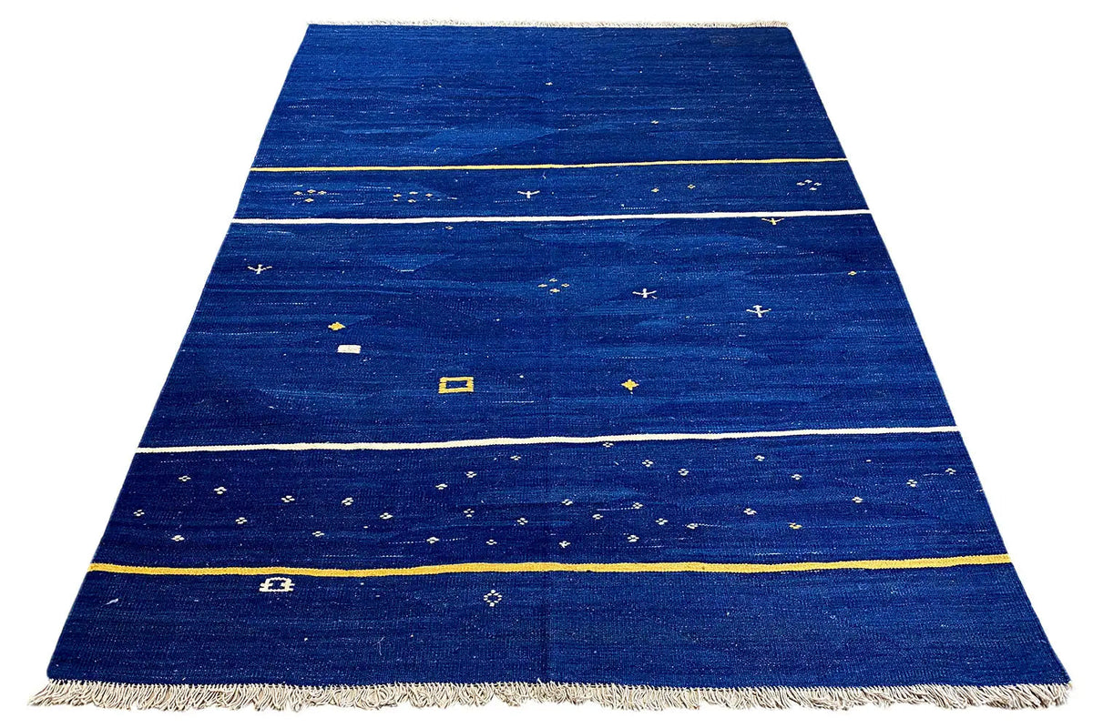Qashqai kilim rug: dark blue, stripes with yellow patterns, fringes, 212x152 cm