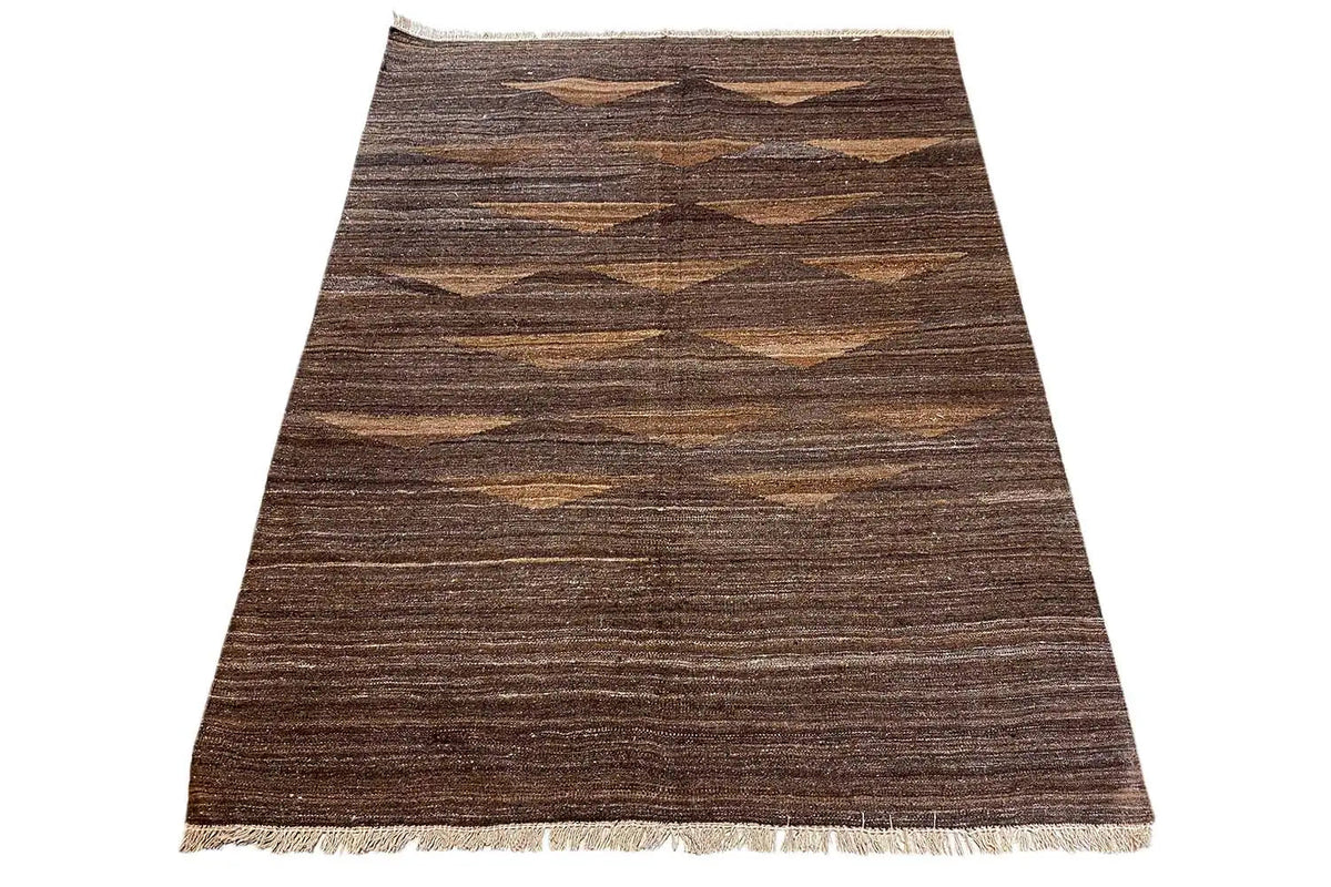 Kilim Qashqai rug, dark brown with beige patterns and fringes, 199×146 cm