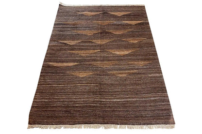 Kilim Qashqai rug, dark brown with beige patterns and fringes, 199×146 cm