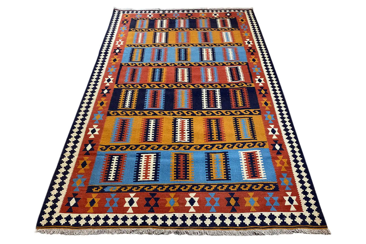 Colorful kilim rug with a wide central band and geometric stripes in orange and blue