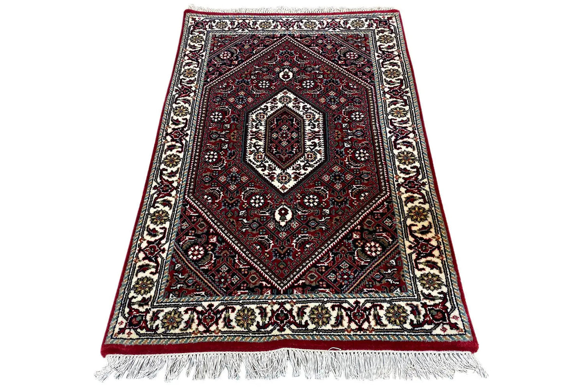 Bidjar rug 94x61 cm, rotated: red medallion, dark background, fringes