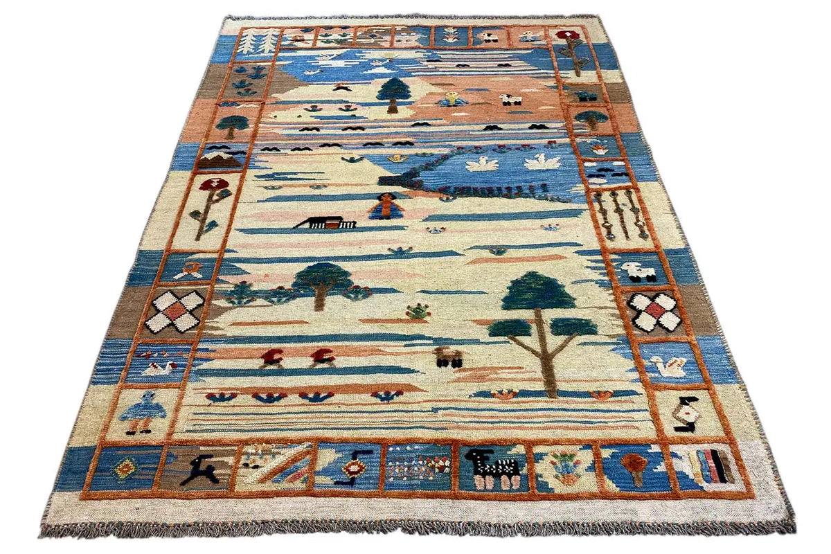 Beige Qashqai kilim rug with a blue border, landscape motifs, and fringes