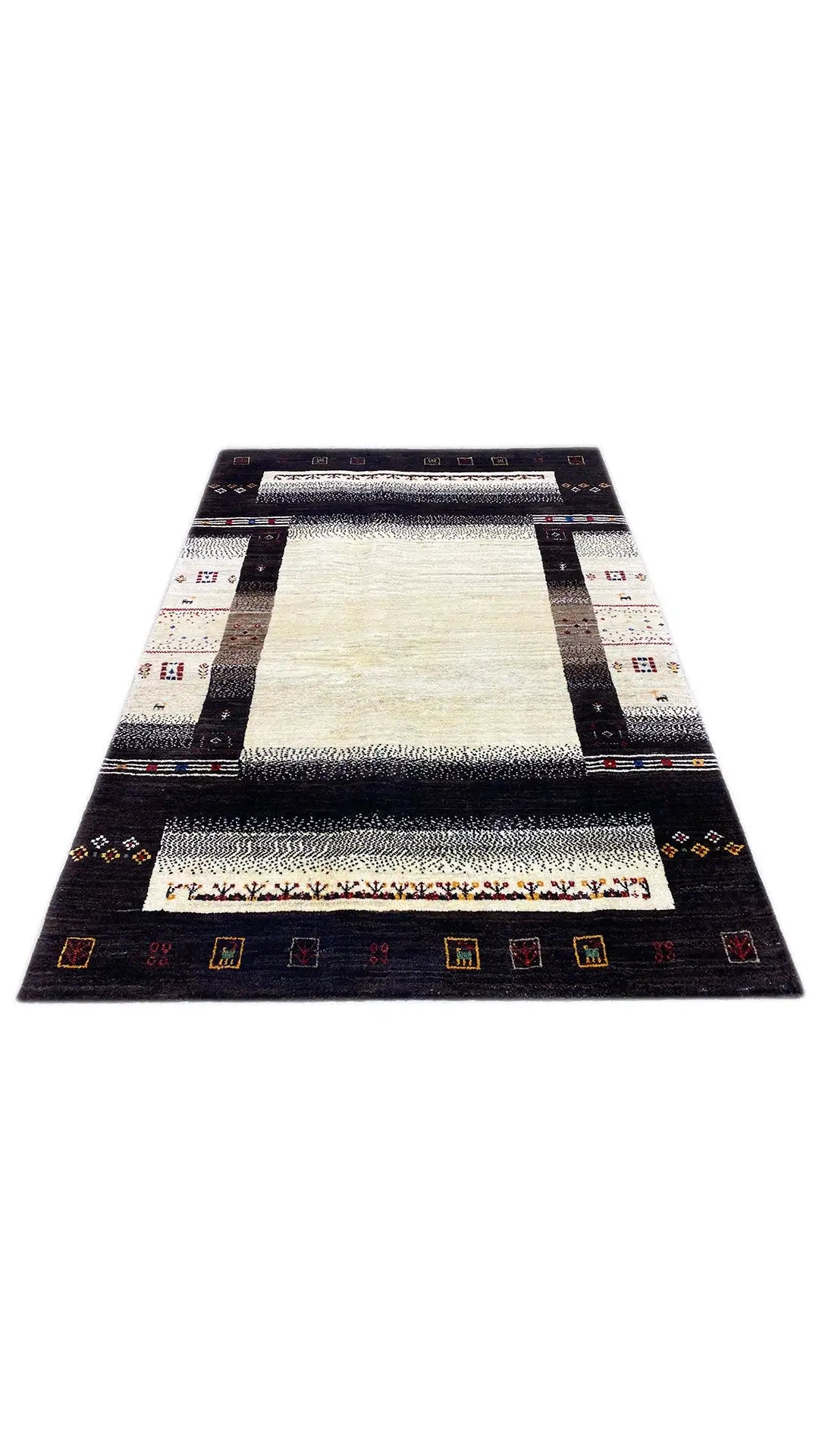 Gabbeh rug with a beige center, dark border, and geometric border stripes