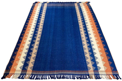 Rectangular Jajim rug in blue with a striped border in orange, white, and fringes