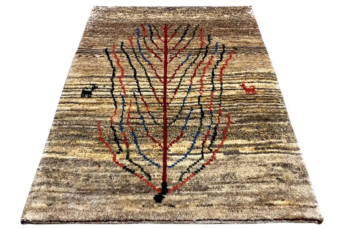 Gabbeh rug with tree motif, rectangular: beige pile with red and blue outlines