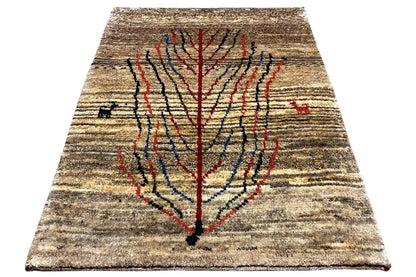 Gabbeh rug with tree motif, rectangular: beige pile with red and blue outlines
