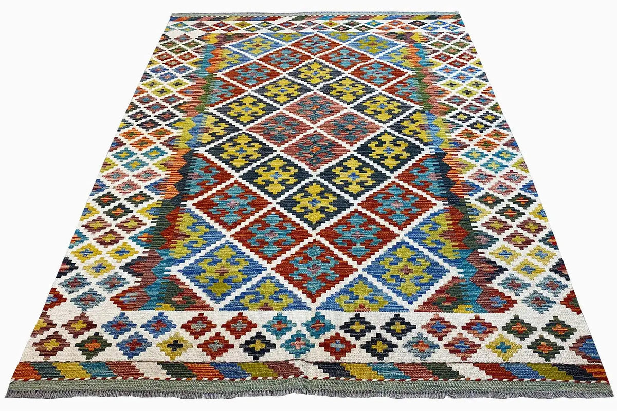 Afghan kilim, geometric diamond design in shades of blue, green, and red