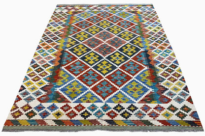 Afghan kilim, geometric diamond design in shades of blue, green, and red