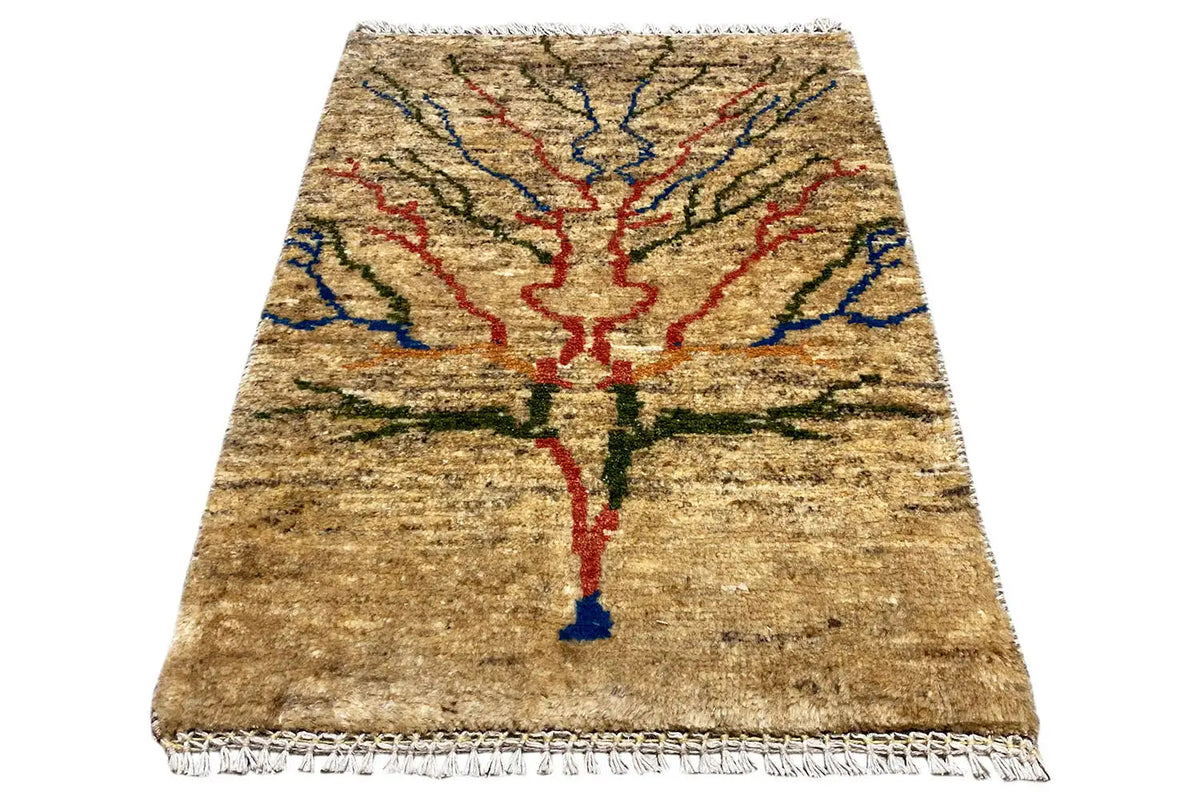 Beige rug with a central red-blue-green pattern and fringes around the edges