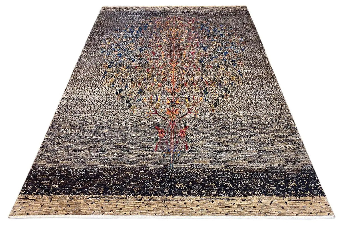 Gabbeh rug Lori 220x154 cm with a gray-black patterned medallion and border trim