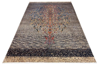 Gabbeh rug Lori 220x154 cm with a gray-black patterned medallion and border trim