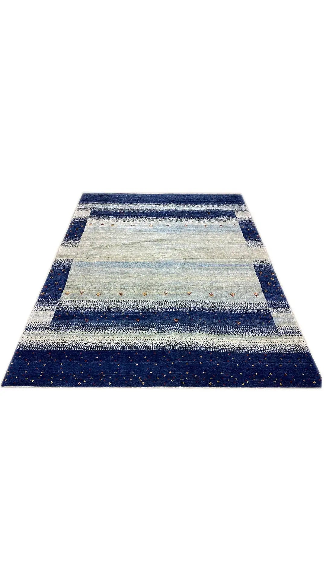 Gabbeh rug, rectangular, blue and light beige striped design with fine dots