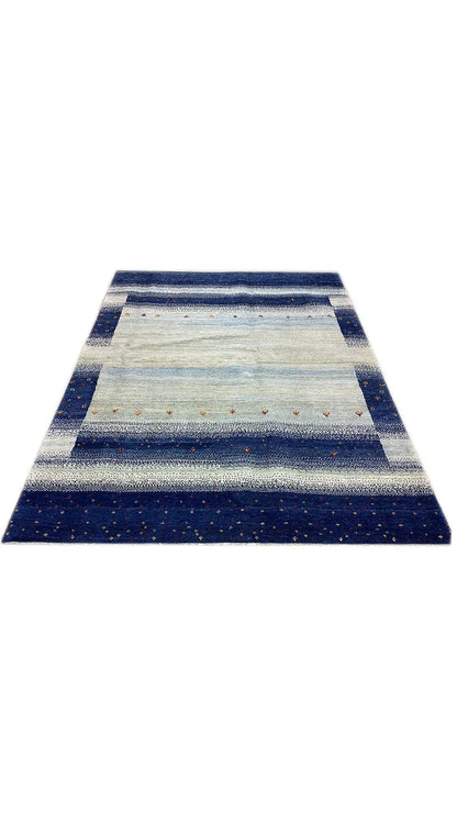 Gabbeh rug, rectangular, blue and light beige striped design with fine dots