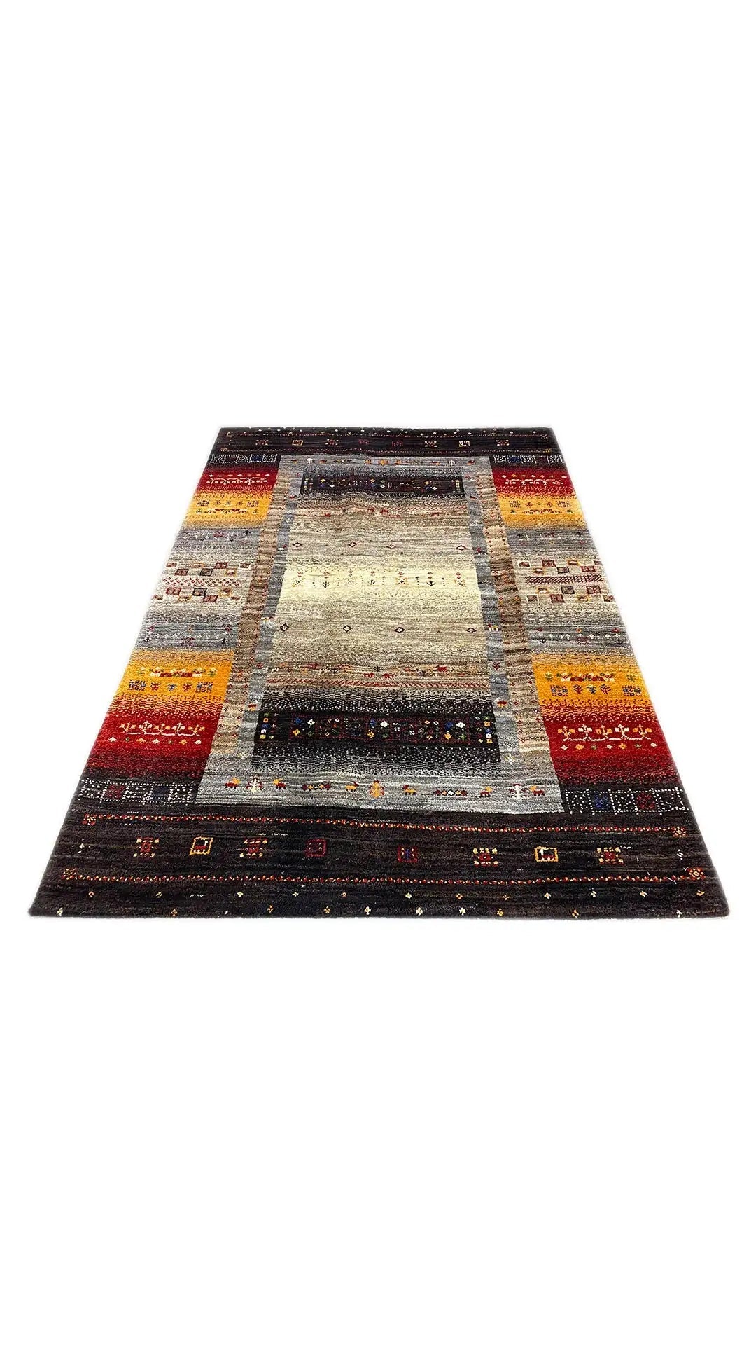Rectangular Gabbeh rug, gray central field with multicolored stripes and border