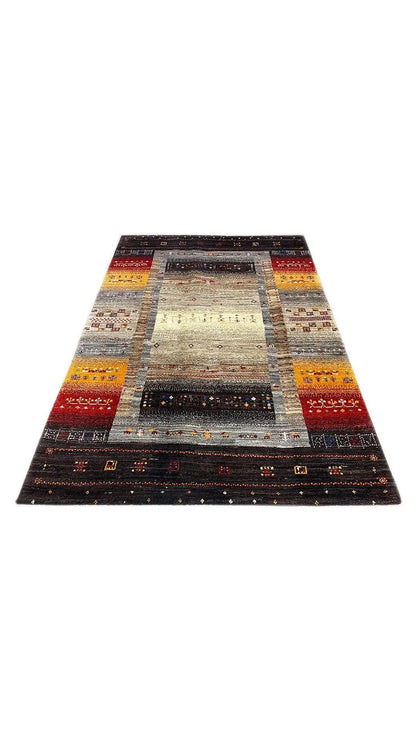 Rectangular Gabbeh rug, gray central field with multicolored stripes and border