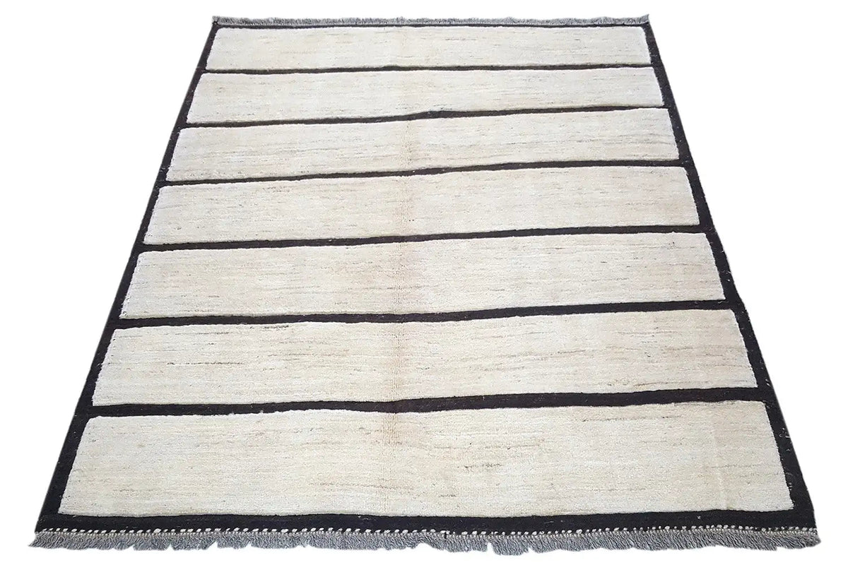 Gabbeh rug, beige striped pattern with a dark border, approx. 190x155 cm
