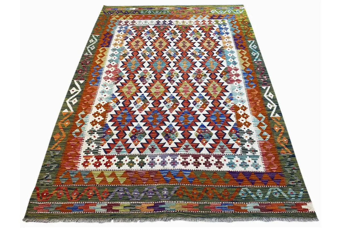 Kilim rug with an ethnic diamond and zigzag pattern in brown, blue, and cream