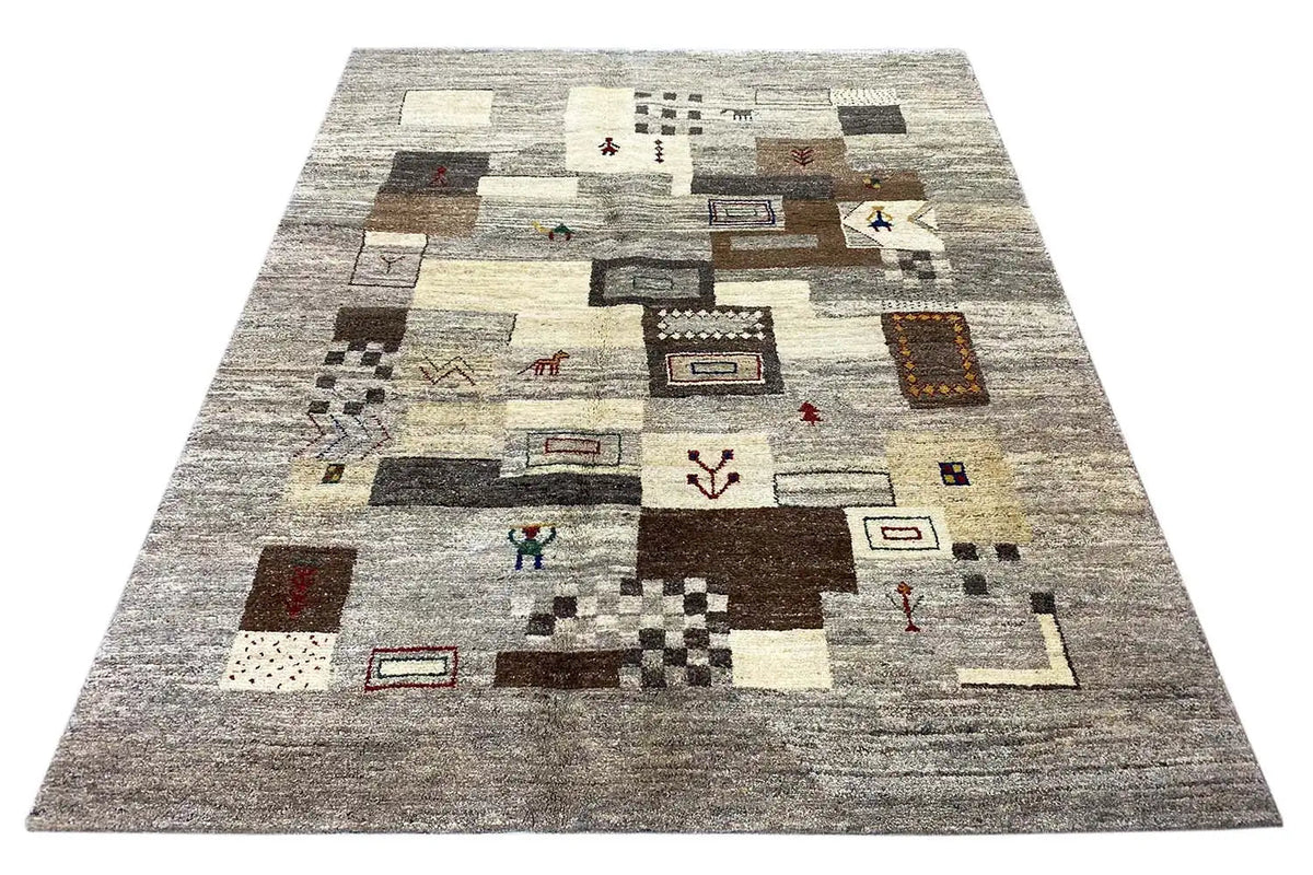 Gabbeh rug 191x151 cm with an abstract patchwork pattern in beige, brown and gray