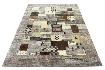 Gabbeh rug 191x151 cm with an abstract patchwork pattern in beige, brown and gray