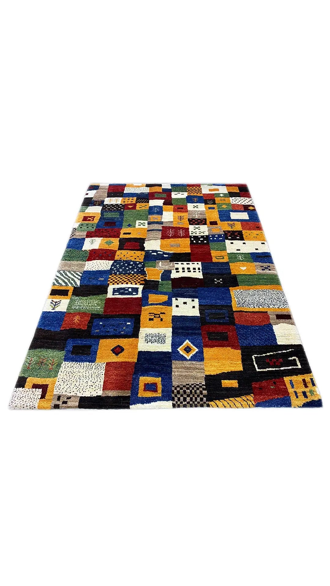 Gabbeh rug 194x140 cm, laid flat with patchwork squares in many colors