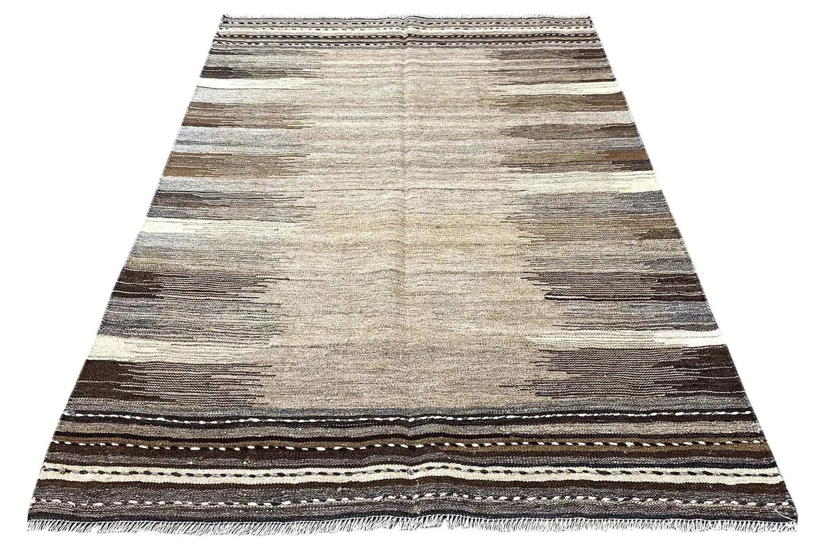 Rectangular Qashqai kilim rug, striped pattern in beige and taupe tones