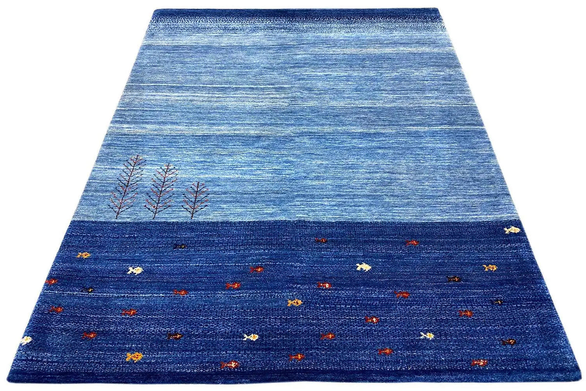 Blue Lori Gabbeh rug with a striped look and colorful dot motifs, 193x150 cm