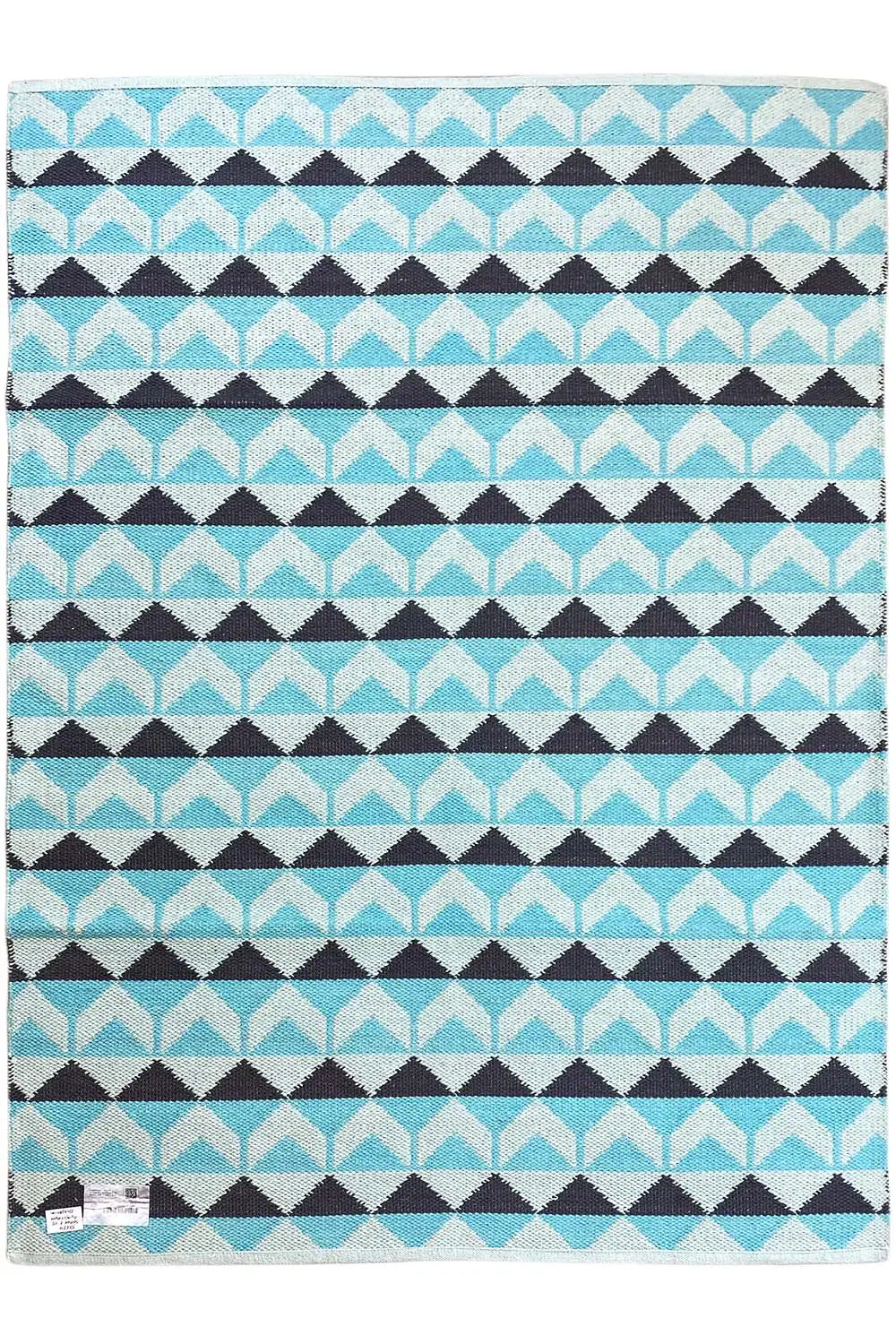 Square kilim rug with repeating zigzag lines and diamonds in turquoise and dark blue