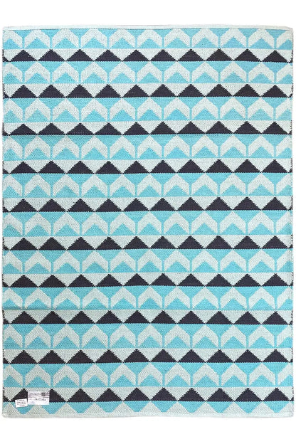 Square kilim rug with repeating zigzag lines and diamonds in turquoise and dark blue