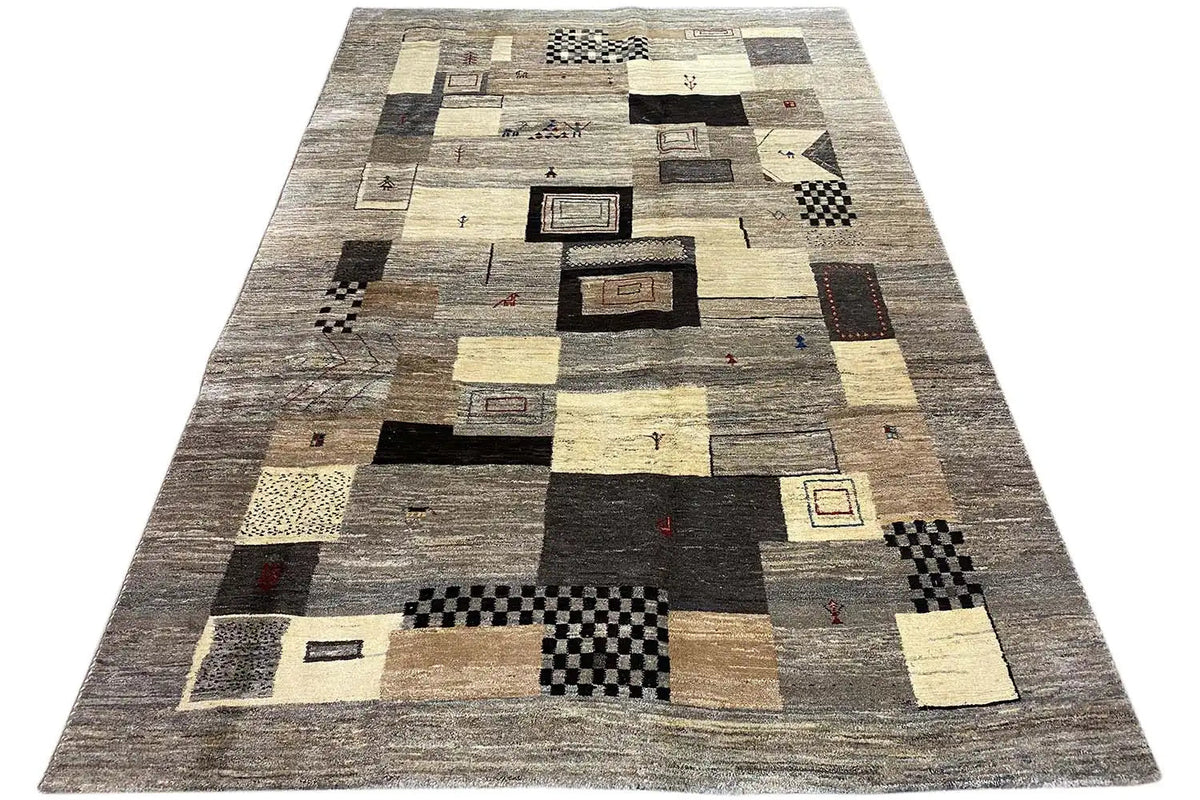 Gabbeh rug, geometric blocks in beige and dark gray with black accents