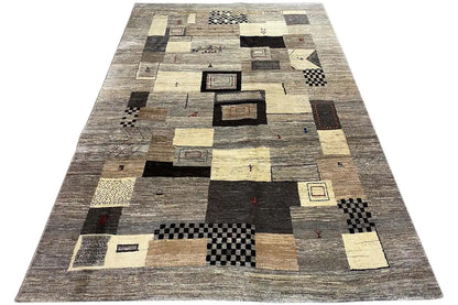 Gabbeh rug, geometric blocks in beige and dark gray with black accents