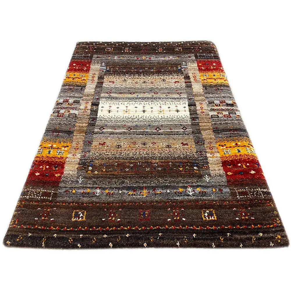 Brown gabbeh rug with multicolored stripes and geometric pattern, rectangular